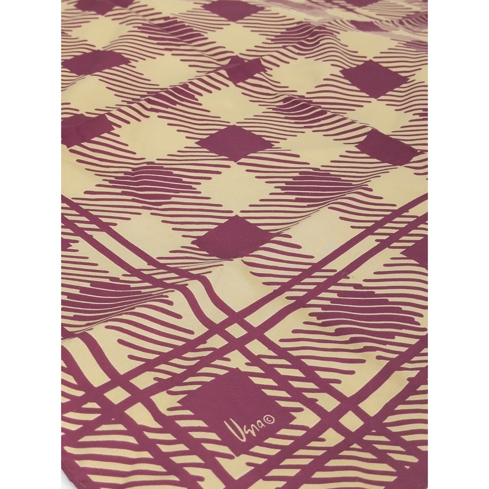 VERA VINTAGE 70's Polyester Scarf Burgundy Tan Plaid 21" x 21"  Japan